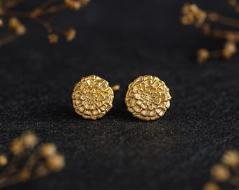 Gold Plated Sterling Silver October Birth Flower Marigold Stud Earrings