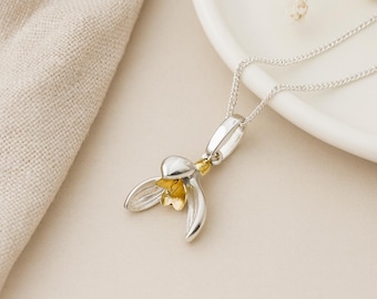Snowdrop Pendant • January Birth Flower Necklace in Silver & Yellow Gold • Personalised • Floral Charm • Gift for Her •