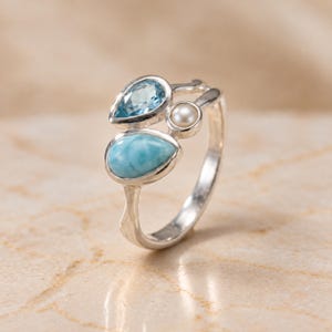 Larimar, Topaz and Pearl Ring in Molten Sterling Silver