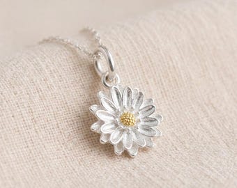 Personalised September Aster Birth Flower Pendant Necklace in Sterling Silver and Gold