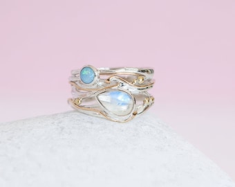 Sterling Silver Organic Moonstone And Blue Opal Ring
