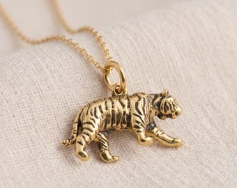 Personalised Solid Tiger Pendant Necklace in Gold Plated Sterling Silver