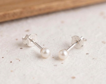 Personalised Tiny White Freshwater Pearl Stud Earrings in Sterling Silver