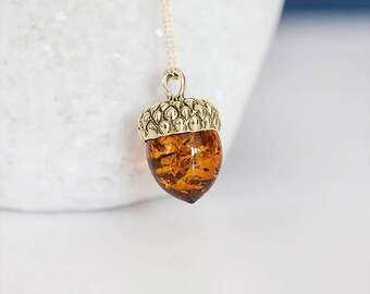 18ct Gold Plated Baltic Amber Acorn Necklace