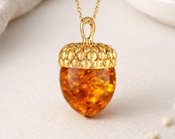 Personalised Gold Plated Sterling Silver Amber Acorn Necklace, Genuine Baltic Amber Pendant
