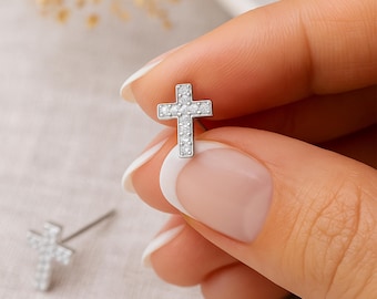 Sterling Silver Sparkling Cross Stud Earrings – 8mm x 6mm