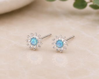 Sterling Silver Blue Opal Daisy Stud Earrings