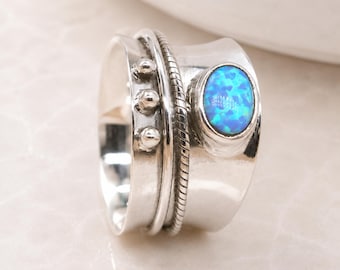 Personalised Sterling Silver Wide Blue Opal Spinner Ring