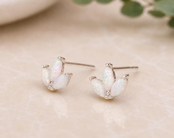 Sterling Silver White Opal Lotus Flower Stud Earrings