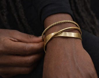 Gold Plated Twisted Mixed Finish Crossover Cuff Bangle Bracelet