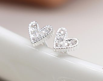 Sterling Silver Cubic Zirconia Heart Stud Earrings
