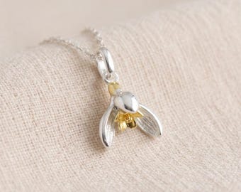 Personalised January Snowdrop Birth Flower Pendant Necklace In Sterling Silver And Gold