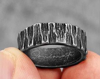 Personalised Stainless Steel Gunmetal Black Viking Tree Bark Ring