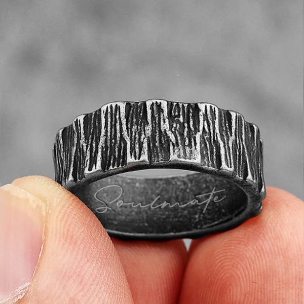 Personalised Stainless Steel Gunmetal Black Viking Tree Bark Ring