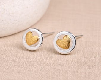 Sterling Silver And Gold Heart Stud Earrings – 8mm