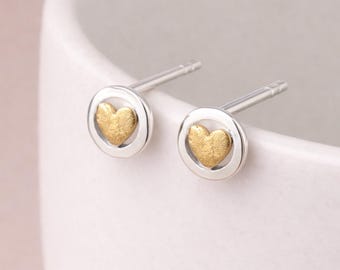 Sterling Silver And Gold Heart Stud Earrings – 8mm