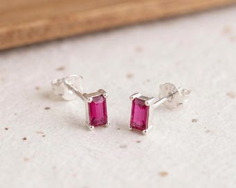 Personalised Rectangle Ruby Stud Earrings In Sterling Silver
