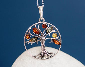 Personalised Oxidised Sterling Silver Baltic Amber Tree of Life Necklace