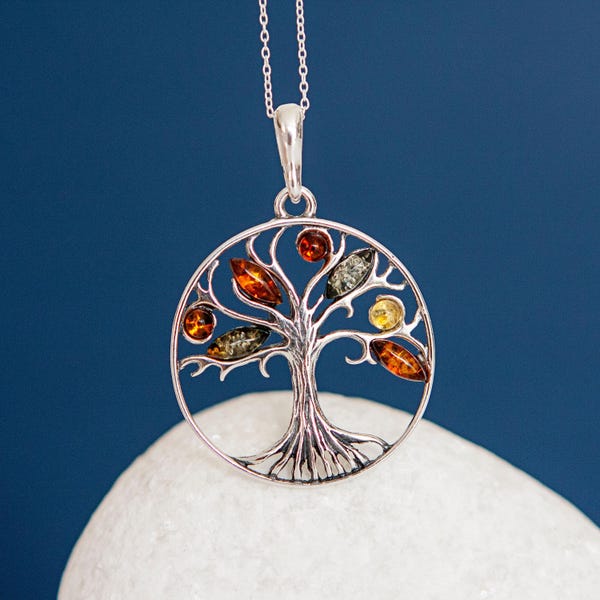 Personalised Oxidised Sterling Silver Baltic Amber Tree Of Life Pendant Necklace