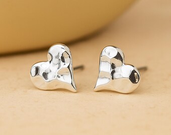 Silver Plated Hammered Heart Stud Earrings