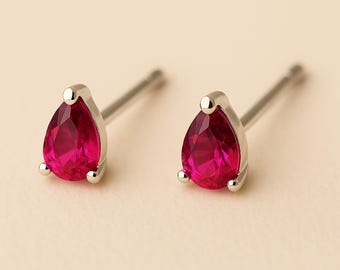 Mini Sterling Silver Teardrop Ruby Stud Earrings