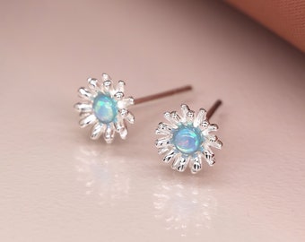 Sterling Silver Blue Opal Daisy Stud Earrings