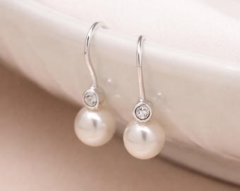 Sterling Silver Freshwater Pearl and Cubic Zirconia Drop Earrings – 6mm