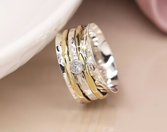 Wide Sterling Silver Cubic Zirconia Spinner Ring