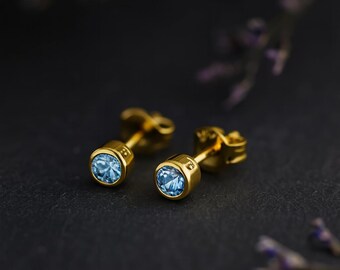 Gold Plated Sterling Silver March Aquamarine Birthstone Stud Earrings