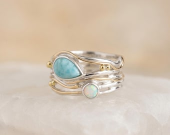 Larimar and Opal Ring in Molten Sterling Silver and Gold