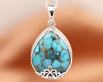 Personalised Sterling Silver Copper Turquoise Jali Necklace
