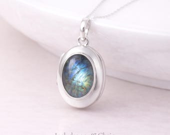 Personalised Sterling Silver Labradorite Gemstone Photo Locket Necklace