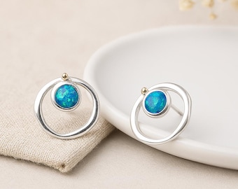 Opal Halo Stud Earrings • Sterling Silver Molten Studs • October Birthstone Gift • Blue Karma Earrings • Mixed Metal Studs •