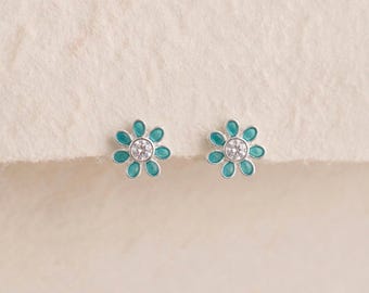 Personalised Teal Flower Stud Earrings In Sterling Silver With Cubic Zirconia