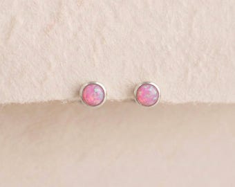 Personalised Tiny Pink Opal Stud Earrings in Sterling Silver