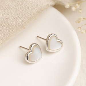 Mother of Pearl Heart Studs: Sterling Silver Dainty Earrings