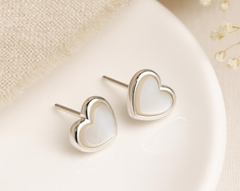 Mother of Pearl Heart Studs • Sterling Silver Earrings • Dainty White Inlay Gift • Classic Jewellery for Her •