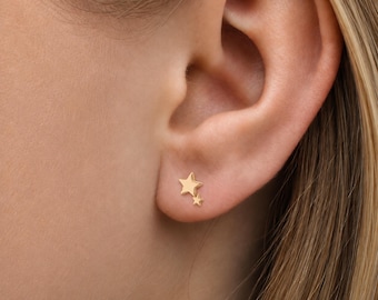 Gold Plated Sterling Silver Double Star Stud Earrings