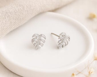 Monstera Leaf Stud Earrings • Sterling Silver Botanical Studs • Plant Lover Gift • Dainty Earrings • Nature Jewellery •