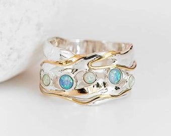 Molten Opal Wave Ring • Sterling Silver Statement Ring with Blue & White Opals • 14kt Gold Fill Detail • Handmade Gift for Her •