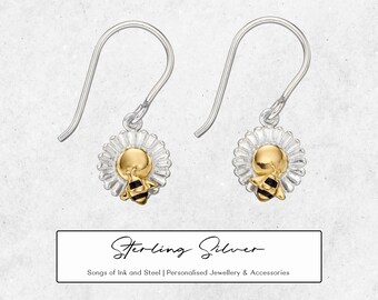 Bee and Daisy Dangle Earrings in Sterling Silver and 18ct Gold Plate, Blossom Jewellery, Bee Drop Earrings, Daisy Flower Earrings