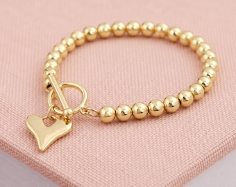 Gold Plated Bead Bracelet With Heart Charm