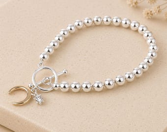 Sterling Silver Plated T Bar Bead Bracelet With Sun And Moon Charms