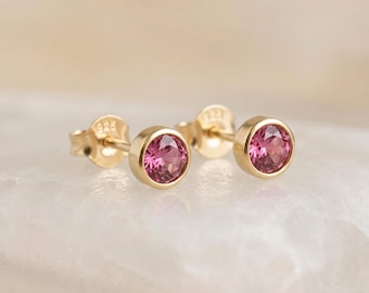 October Tourmaline Birthstone Stud Earrings in Gold Plated Sterling Silver