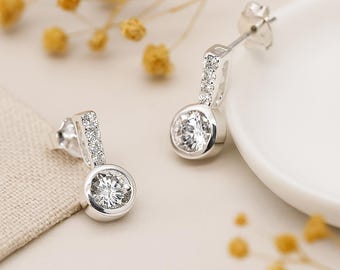 Sterling Silver CZ Bar Drop Stud Earrings