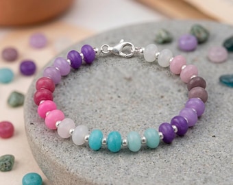 Personalised Pastel Rainbow Jade Bracelet In Sterling Silver