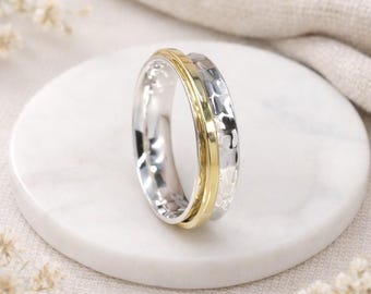 Personalised Sterling Silver & Brass Hammered Spinner Ring – 6mm