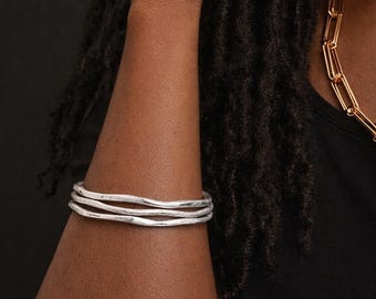 Set Of Three Silver-Plated Wave-Edge Bangle Bracelet Stack