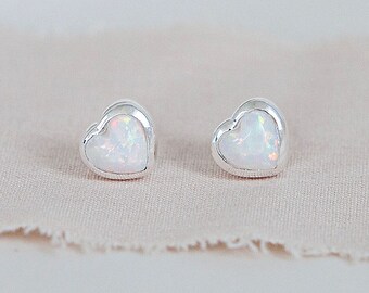 Sterling Silver White Opal Heart Stud Earrings