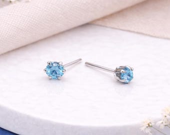 Sterling Silver Aquamarine Micro Stud Earrings – 3mm